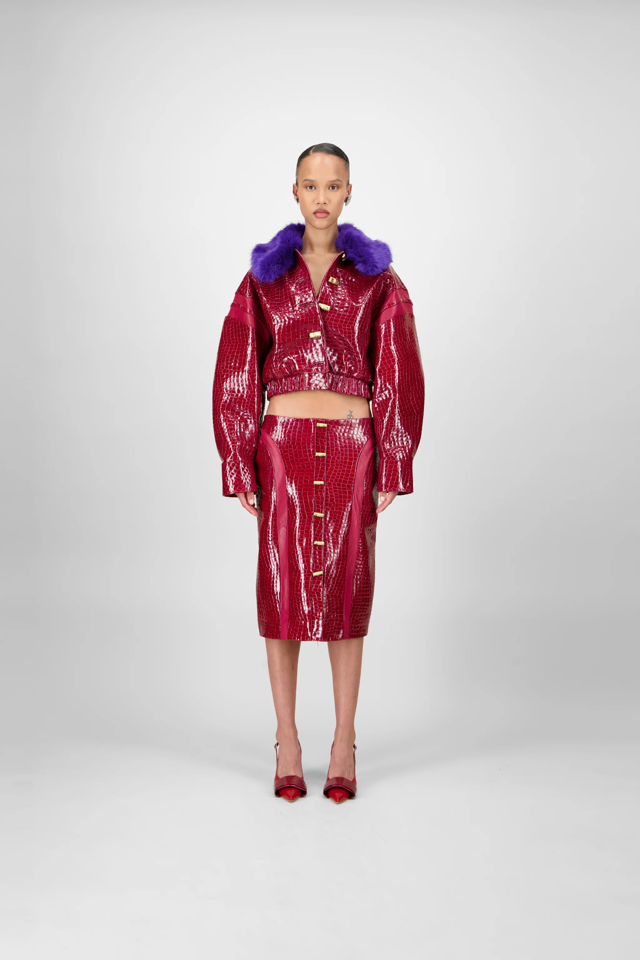 Croc-Embossed Leather Skirt