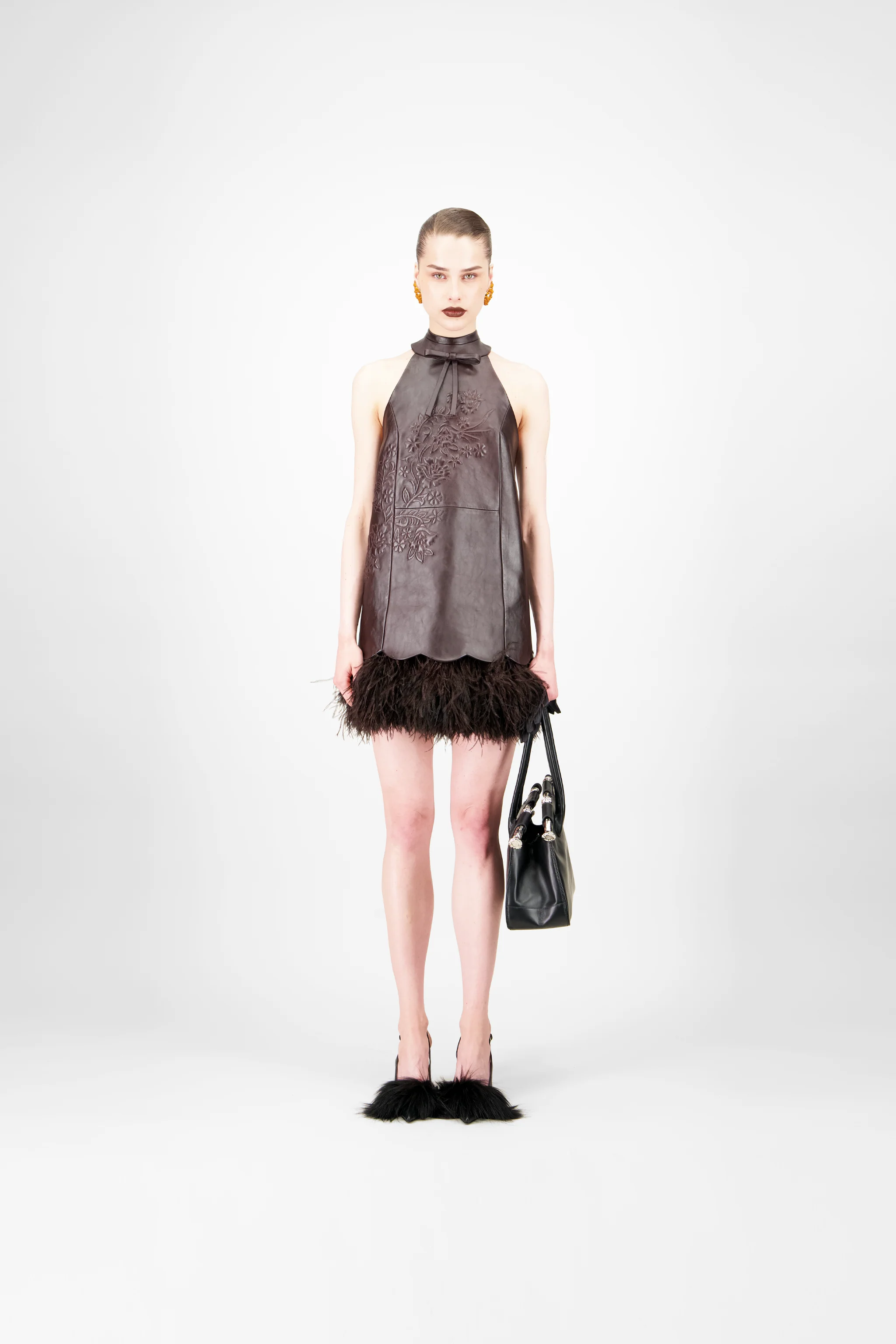 Leather Feather Mini Dress
